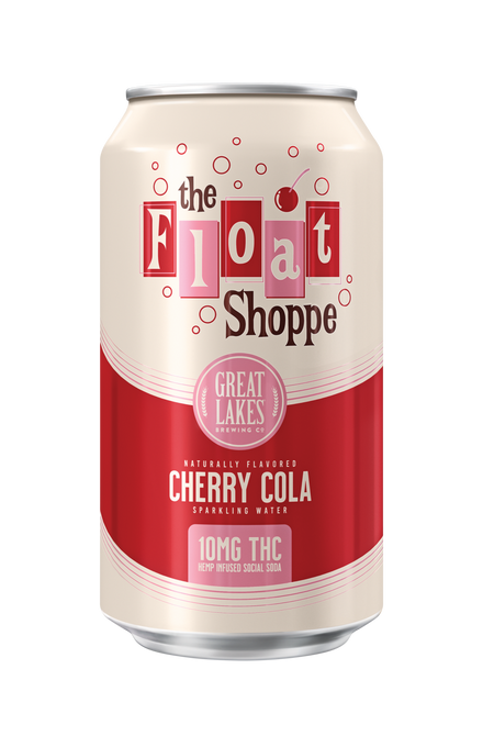 A cream and red soda can labeled The Float Shoppe with Great Lakes Brewing Co. logo. The drink is cherry cola flavored sparkling water, containing 10mg THC, and described as hemp infused social soda.