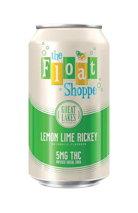 A can of The Float Shoppe Lemon Lime Rickey by Great Lakes Brewing Co., labeled as a naturally flavored social soda infused with 5mg THC. The can design features green and yellow accents and playful text.