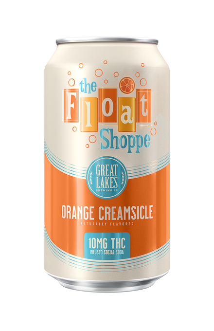 A can of Great Lakes Brewing Co. The Float Shoppe Orange Creamsicle, a THC-infused social soda. The can is beige and orange with blue accents and displays 10MG THC and Naturally Flavored.