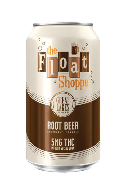 A beige soda can labeled The Float Shoppe Great Lakes Root Beer, featuring 5mg THC infusion and brown design accents with bubbles on a white background.