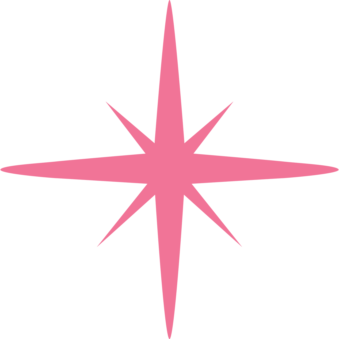 A pink, eight-pointed starburst shape on a white background, with long vertical and horizontal points and shorter diagonal points.
