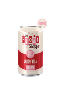 A can labeled CHERRY COLA 10MG features a red and cream design with bubbles and a pink 10MG THC badge at the top right—this delicious cherry cola THC soda is a low calorie THC drink by The Float Shoppe, Great Lakes.