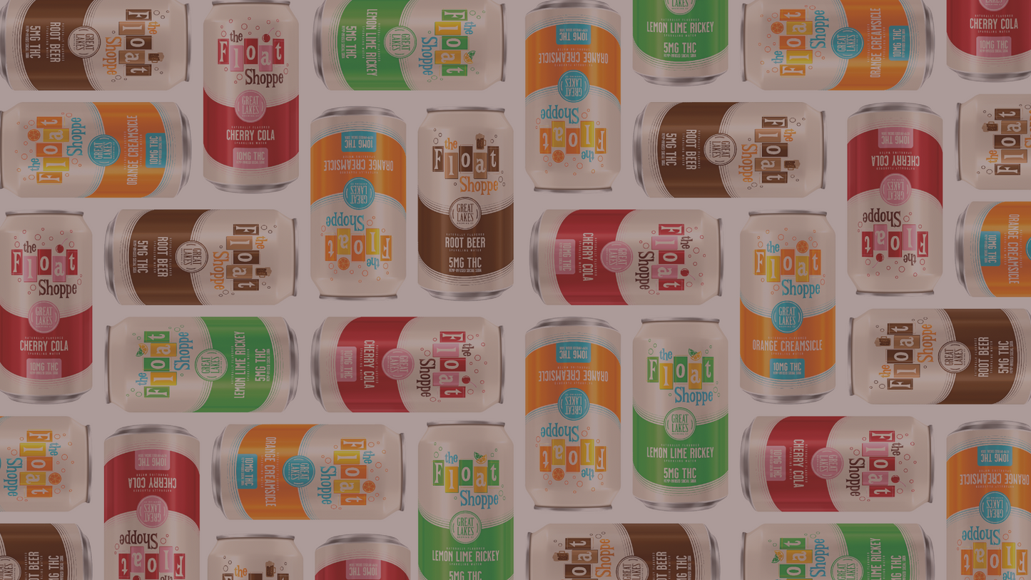A seamless pattern of vintage-style soda cans in various flavors and colors, including root beer, cherry cola, orange cream, and lemon lime, arranged in alternating directions on a light background.