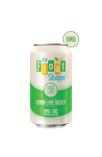 A can of LEMON LIME RICKEY 5MG THC citrus soda with a green and cream retro design, featuring 5mg THC in a green bubble at the top right. This low calorie cannabis drink is from The Float Shoppe.