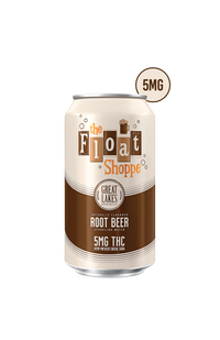 A can of ROOT BEER 5MG, a hemp-infused, non-alcoholic social soda with 5mg THC. The can features brown and cream colors with retro-style text and design elements.